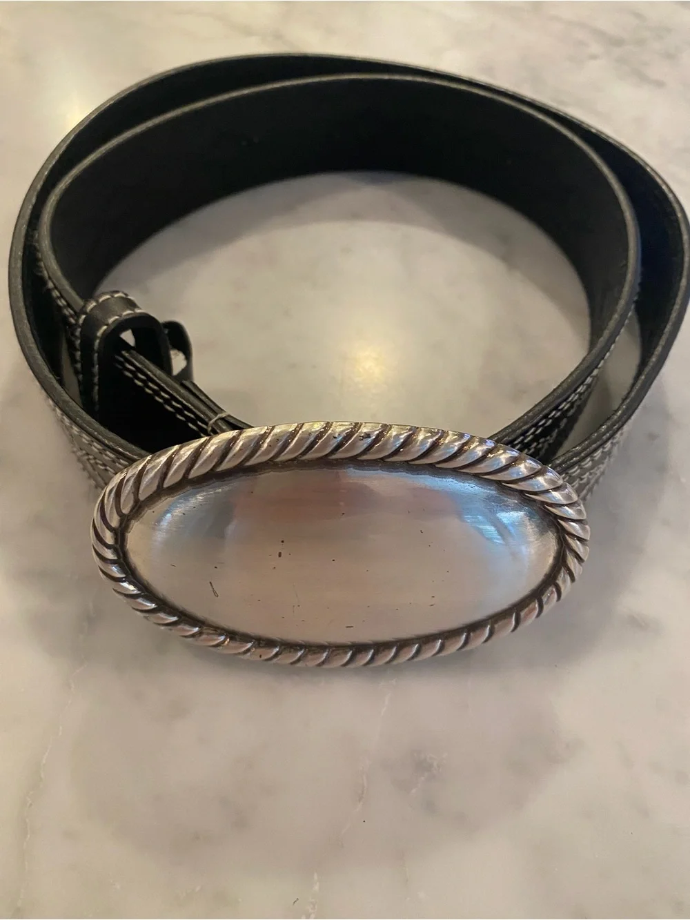 Calvin Klein Black Leather Belt with Silver Oval Buckle